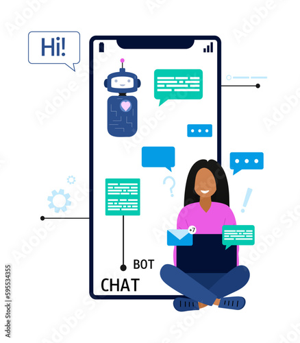 Woman using laptop chatting with virtual robot.  Chatbot vs livechat. AI technology concept. Flat vector illustration.