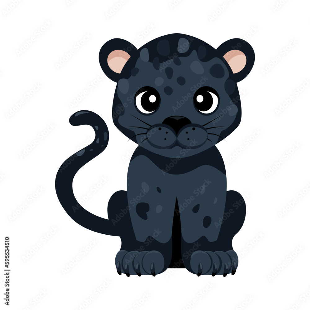 Fototapeta premium Panther. Cartoon, flat vector drawing of a wild animal. Baby panther on white background. Used for prints, collages, magazines in web design. 