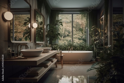 Modern bathroom with nature-inspired design. Generative AI