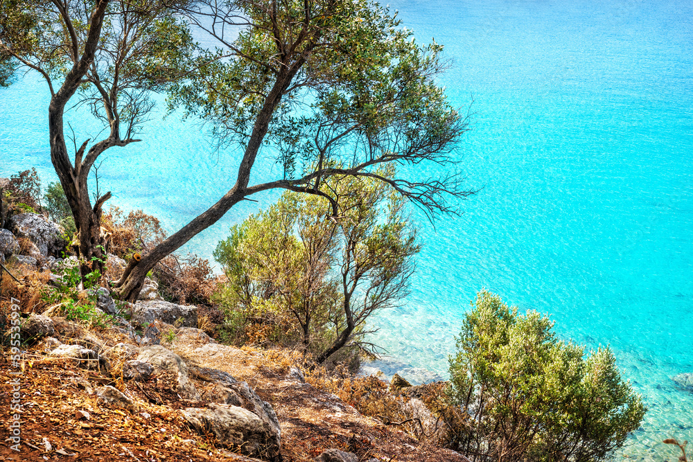 View of the emerald sea from Cleopatra Island, Sedir Island, Aegean Sea, Marmaris, Turkey