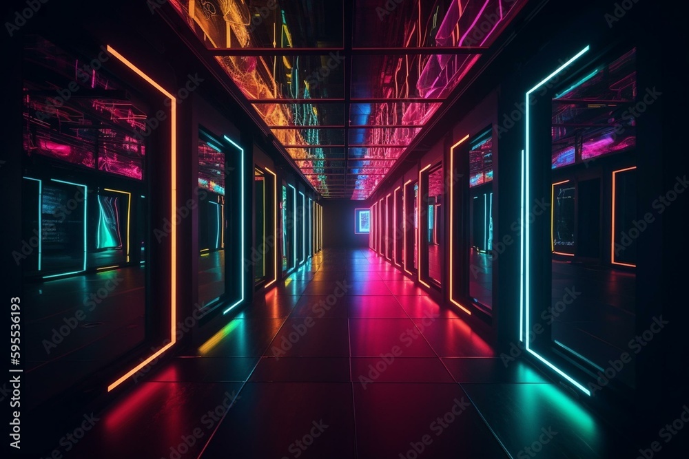 Mesmerizing geometric lit path beneath, neon corridor. Generative AI
