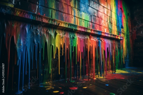 Rainbow paint splatter drips on wall background. Generative AI