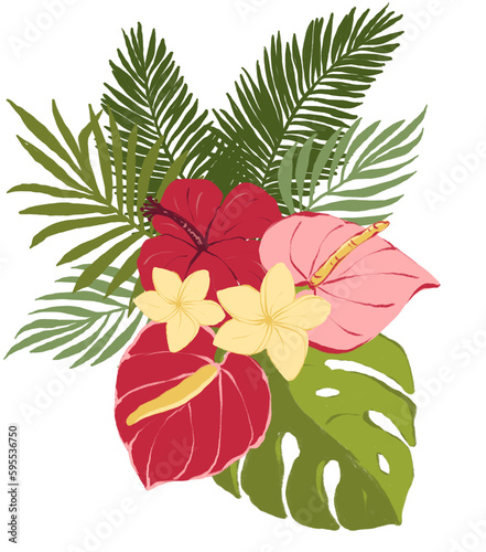 Tropical floral bouquet clipart. Wedding flower wreath illustration png file, jungle green leaves and flowers drawing. Design for birthday invitation, wedding and greeting cards