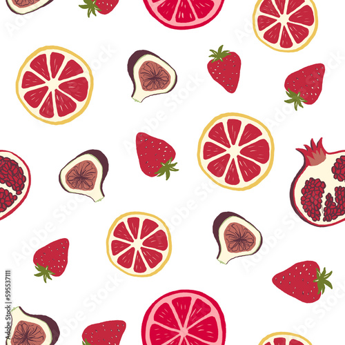 Hand painted digital gouache tropical fruits seamless pattern with exotic fruits- lemon  grapefruit  strawberry on white background. Floral pattern for wallpaper  scrapbooking  wrapping paper