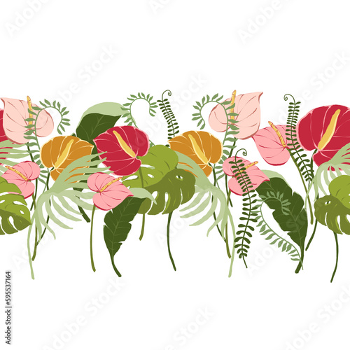 Hand painted digital gouache tropical seamless border with exotic palm leavesand flowers on white background. Palm and jungle leaves. Floral pattern for wallpaper, scrapbooking, wrapping photo