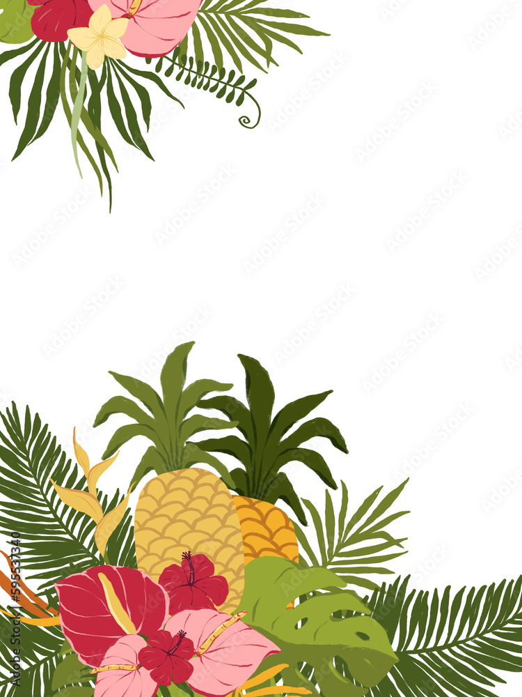 Fototapeta premium Tropical flowers and leaves wedding frame with orchid, emerald monstera, jungle palm leaves illustrations. Exotic summer wedding invitations. Frame is isolated on transparent background