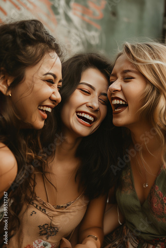 Cheerful women having fun outdoors and laughing happily. Generative AI