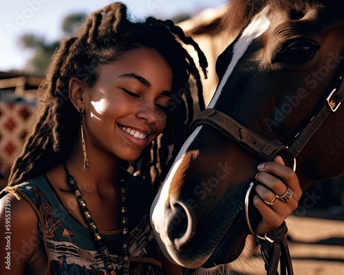 Portrait of an AfricanAmerican girl holding a horse by the bridle created with Generative AI technology