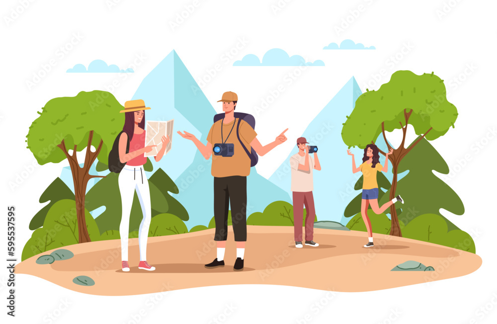 Fototapeta premium Tourist map hiking travel nature summer trail forest concept. Vector graphic design illustration
