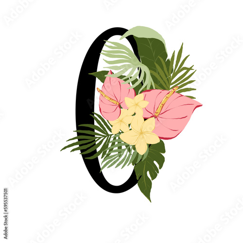 Tropical floral number O with bouquet png clipart. Wedding flower Zero monogram png file, jungle green leaves and flowers drawing for wedding and greeting cards, logotype
 photo