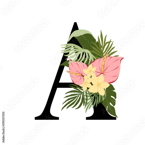 Tropical floral letter A with bouquet png clipart. Wedding flower monograme png file, jungle green leaves and flowers drawing for wedding and greeting cards, logotype

