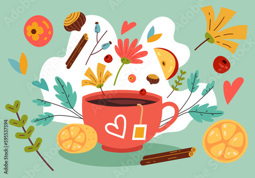 Tea herbal hot drink green teacup concept. Vector graphic design element illustration