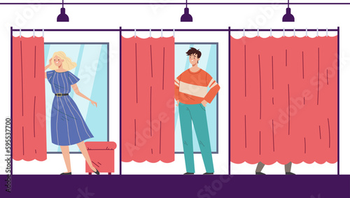 Dressing room people try clothes concept. Vector graphic design illustration