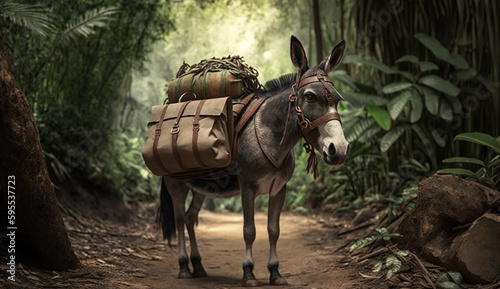 A donkey is walking through the forest with a load on its back AI Generated
