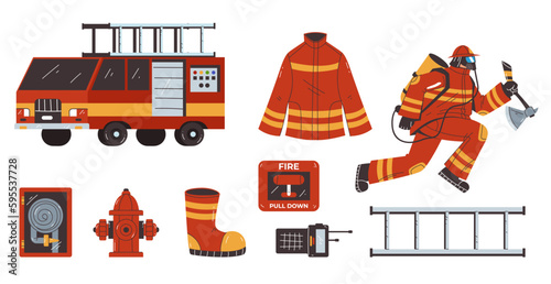Fire firefighter fireman instrument equipment isolated set. Vector graphic design illustration