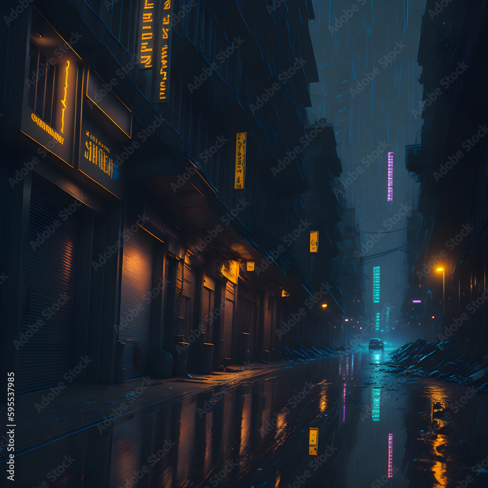 Sci Fi Cyberpunk Steampunk Synthwave Dark Neon Laser Glowing Street Lights Wet Rain Concrete Asphalt Empty Space Midnight Generative Ai