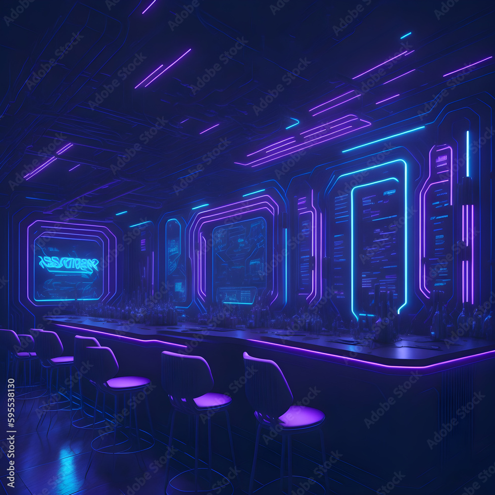 Sci Fi Retro Futuristic Neon Laser Glowing Dance Club Cafe Red Purple Blue Night Event Cyber City Advanced Technology Lifestyle Blade Runner Generative Ai
