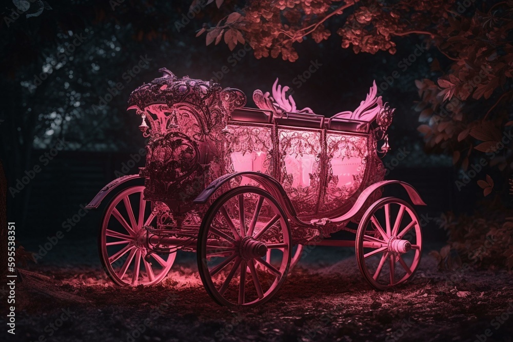 A magical pink carriage for fairies or princesses. Generative AI