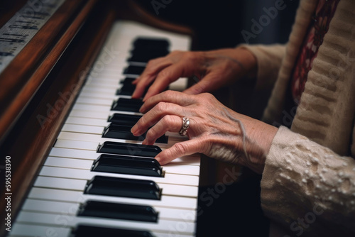 Older lady playing the grand piano. Generative AI