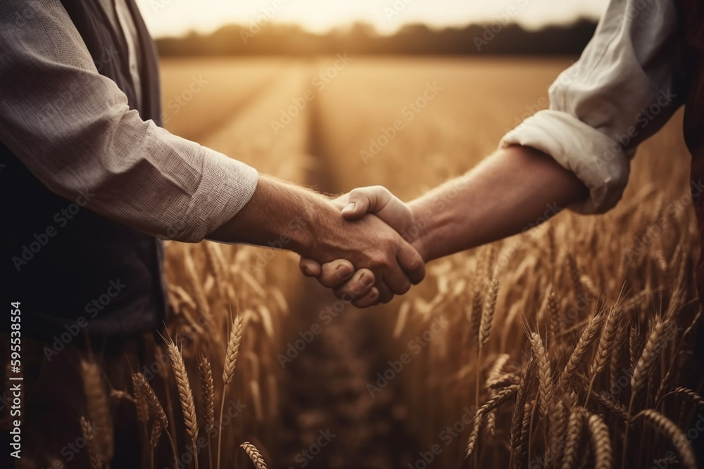 Female farmer handshake with partner on wheat field, deal agreement concept, Agriculture