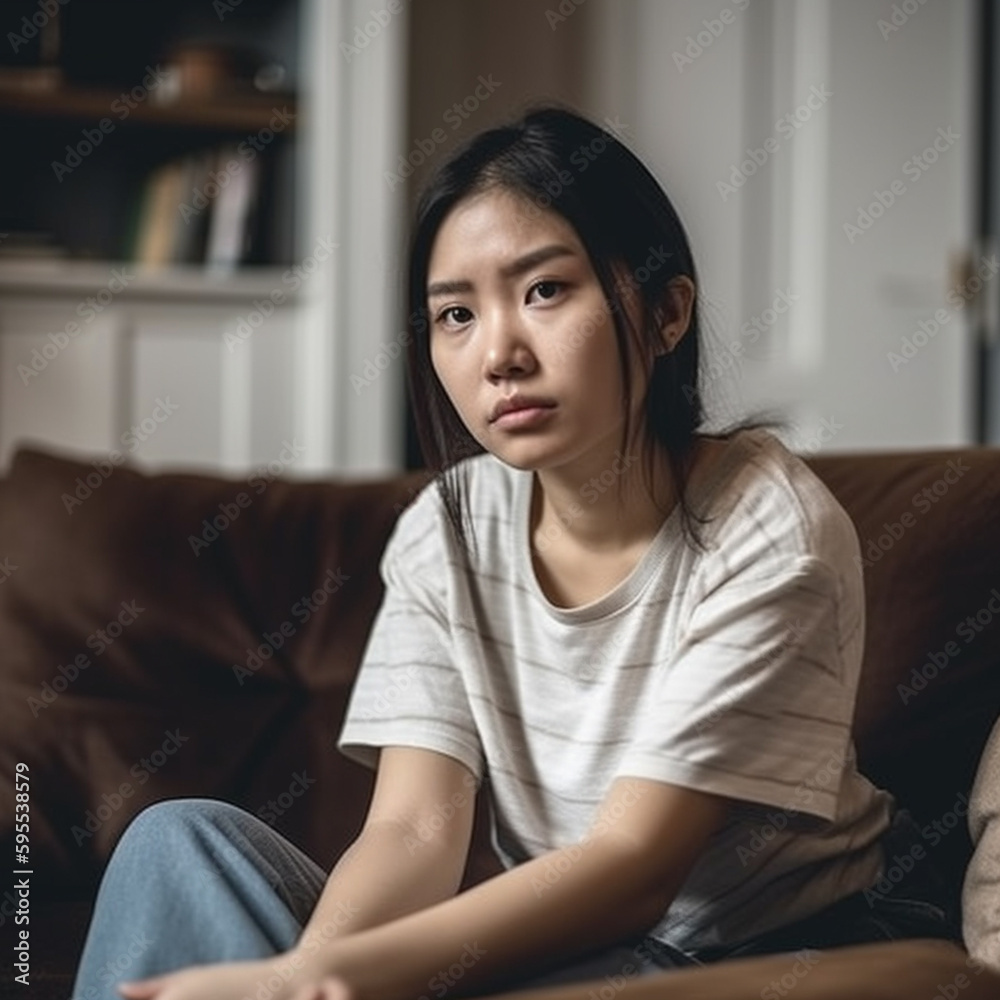 Sad asian woman sits on couch, created with Generative AI Technology Sad asian woman sits on couch, created with Generative AI Technology