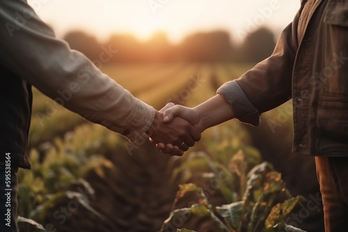 Female farmer handshake with partner on wheat field, deal agreement concept, Agriculture. created with Generative AI Technology
