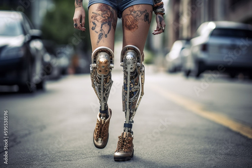 disabled woman with a prosthetic leg walking, created with Generative AI Technology