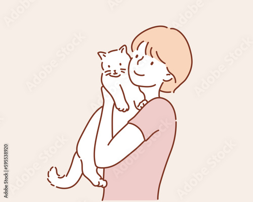 Woman with cute cat. Hand drawn style vector design illustrations.