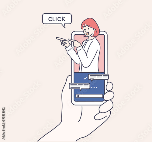  internet advertisement. Hands holding smartphone with a man shouting in loud speaker. Influencer marketing, social media or network promotion,Hand drawn style vector design illustration.