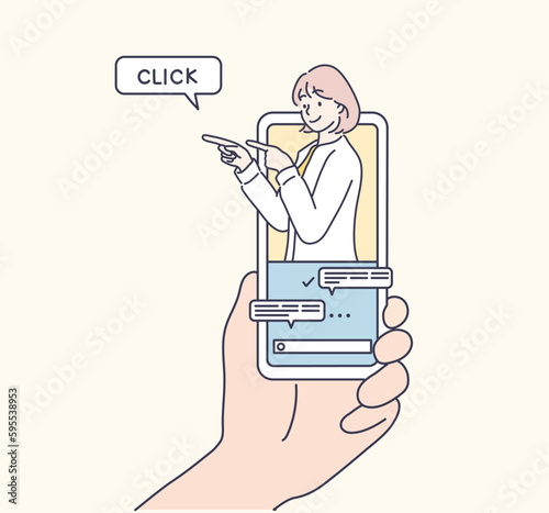  internet advertisement. Hands holding smartphone with a man shouting in loud speaker. Influencer marketing, social media or network promotion,Hand drawn style vector design illustration.
