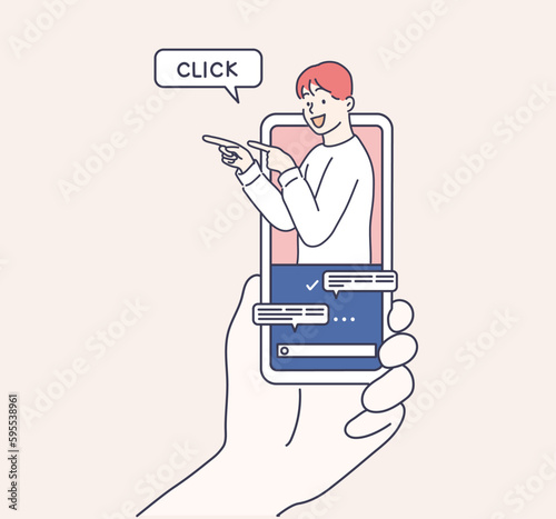 internet advertisement. Hands holding smartphone with a man shouting in loud speaker. Influencer marketing, social media or network promotion,Hand drawn style vector design illustration.