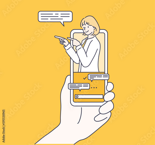  internet advertisement. Hands holding smartphone with a man shouting in loud speaker. Influencer marketing, social media or network promotion,Hand drawn style vector design illustration.