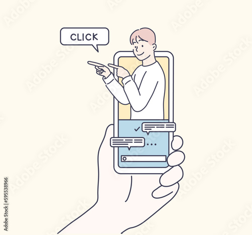internet advertisement. Hands holding smartphone with a man shouting in loud speaker. Influencer marketing, social media or network promotion,Hand drawn style vector design illustration.