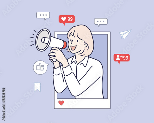  internet advertisement. Hands holding smartphone with a man shouting in loud speaker. Influencer marketing, social media or network promotion,Hand drawn style vector design illustration.