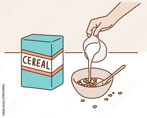 milk being poured over a bowl full of cereal. Hand drawn style vector design illustrations.