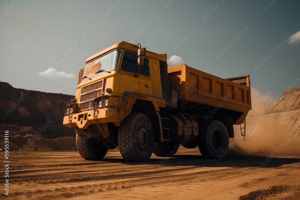 Heavy yellow dump truck in a sand pit. Generative AI