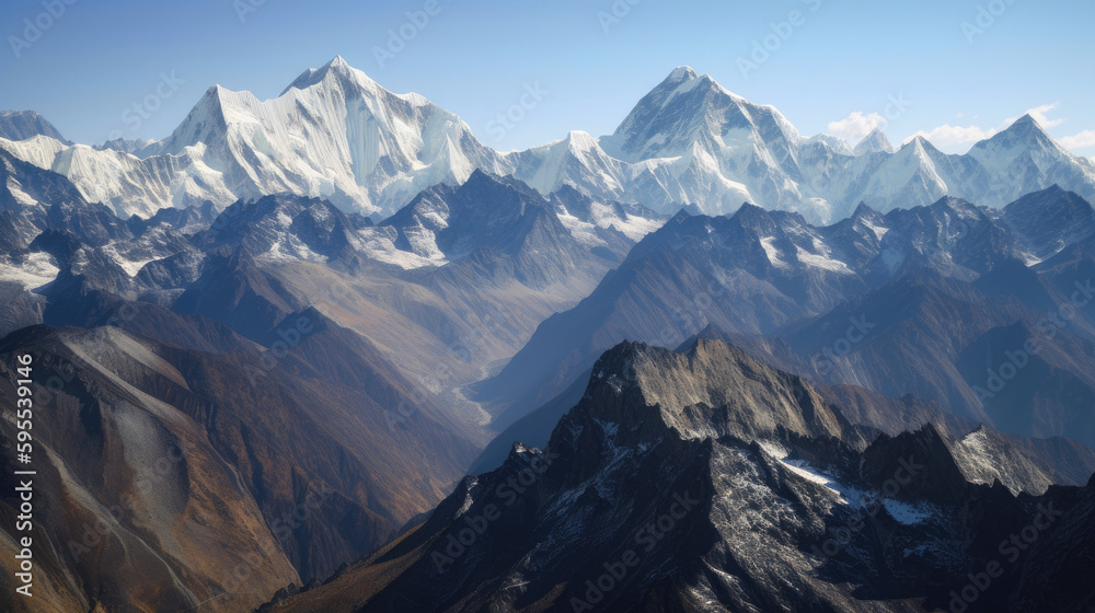 Fototapeta premium Winter mountain with white snow peak. Generative AI