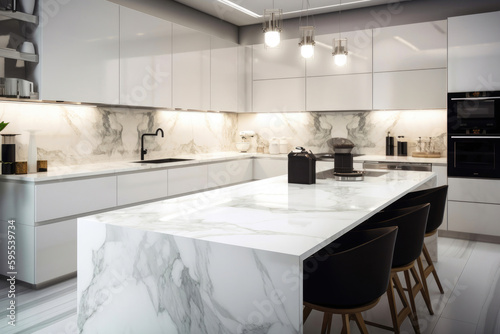 Luxury kitchen interior with new stylish furniture, white marble countertops, modern. Generative AI