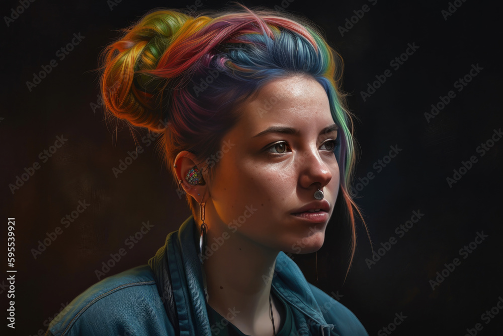 Naklejka premium Portrait of a young woman with a septum piercing and a colorful hairstyle. Generative AI