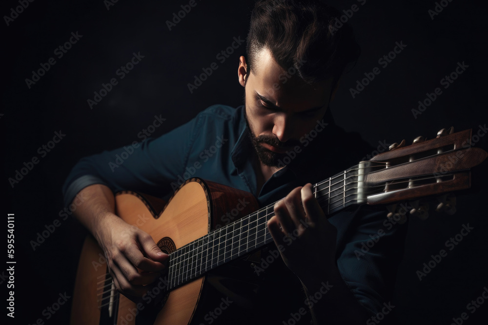 Portrait of a musician playing the guitar. Generative AI