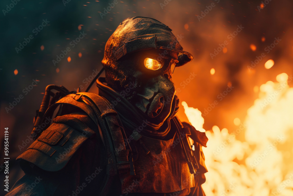 Soldier Character at Epic War with Explosion, Fire, Helmet, Weaponry. Generative AI Soldier Character at Epic War with Explosion, Fire, Helmet, Weaponry. Generative AI