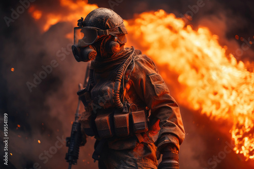 Soldier with his gun standing against fire background. Generative AI