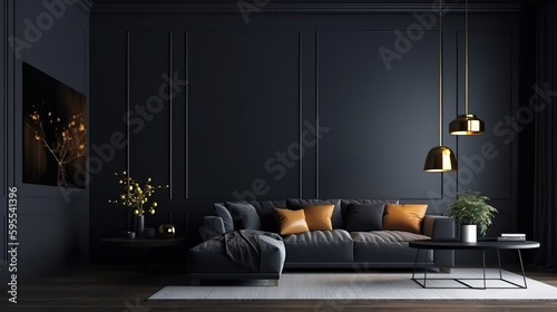 Home interior  modern dark living room interior  black empty wall mock up. Generative Ai