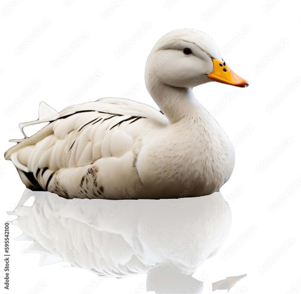 white duck swimming on the water with shadow, isolated, transparent
