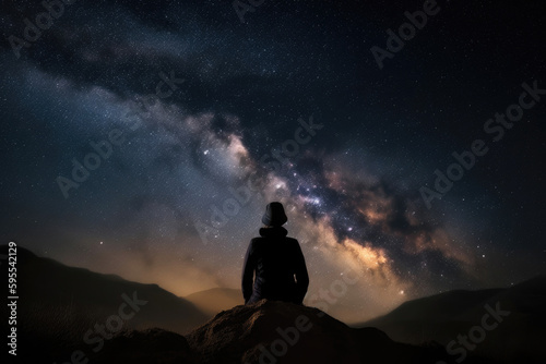 A person staring at the night sky. Generative AI © AIproduction