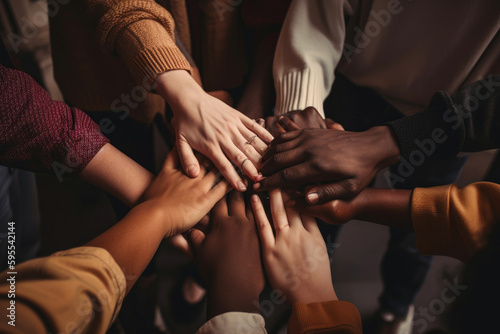 Diverse group of people holding hands, representing the unity and interconnectedness of humanity. Generative AI