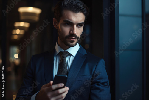 Portrait of a happy businessman holding smartphone. Generative AI