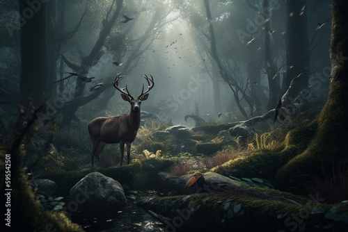 3d forest with bird and deer. Generative AI