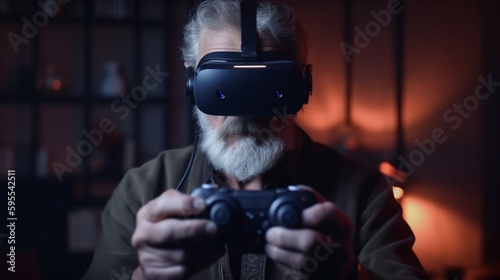 Elderly man with VR headset in dark room. Generative Ai