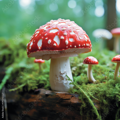 Group of fly agaric mushrooms sitting together in the forest. Generative AI